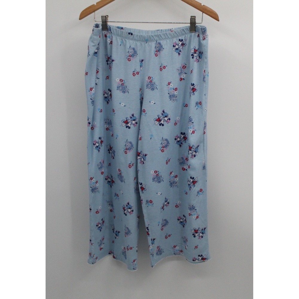 Disney Mickey Minnie Mouse Floral Pajama Pants Blue Lace Trim XL 16/18 Cropped